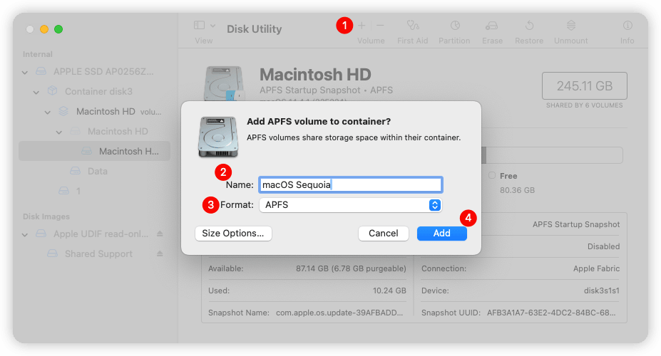 Add a volume in disk utility