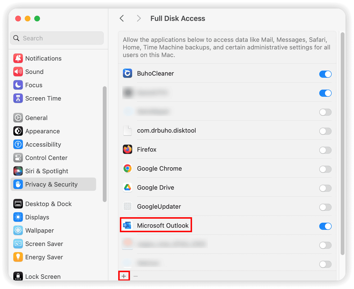 Add Full Disk Access for Outlook