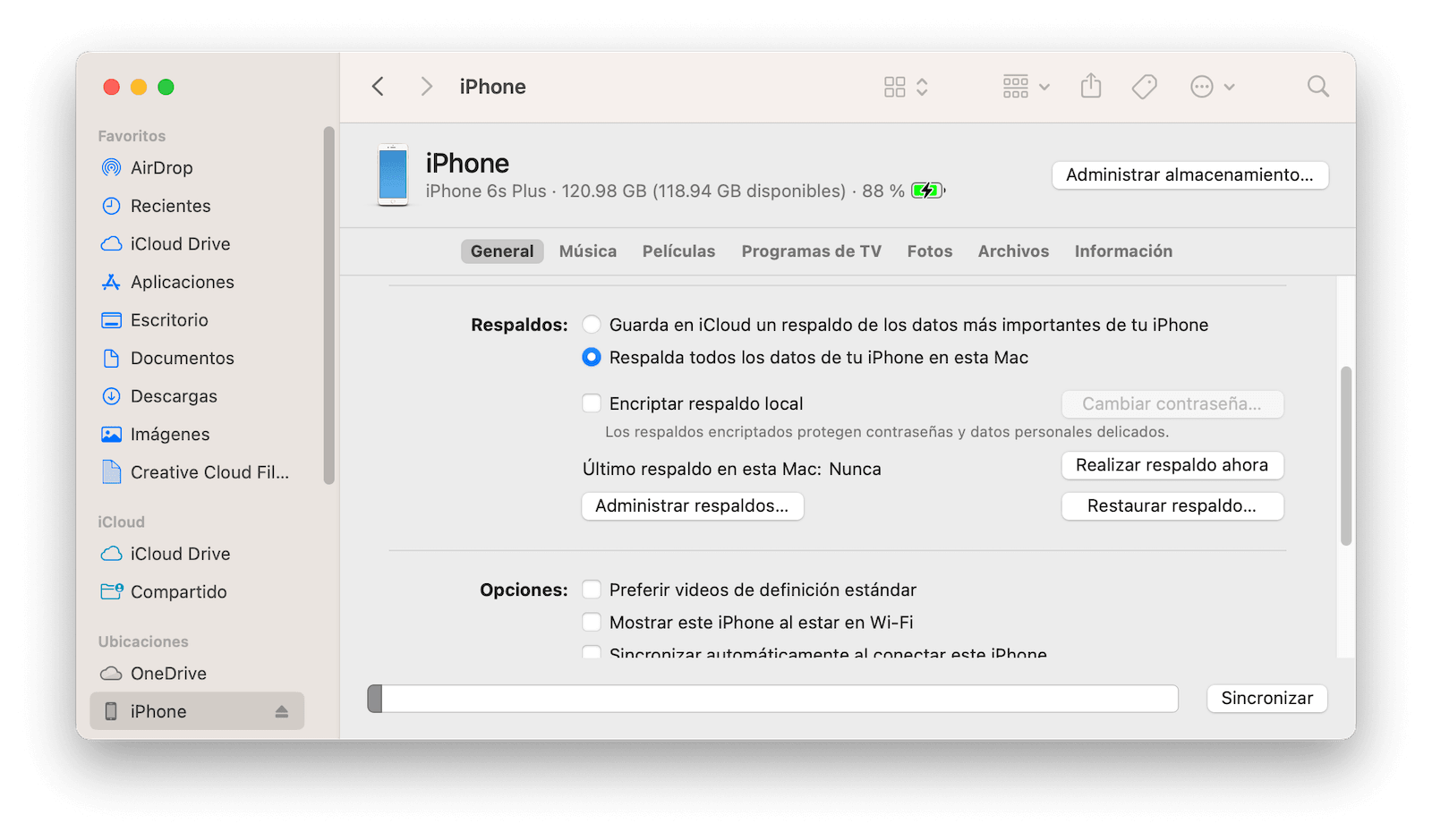 Hacer una copia de seguridad del iPhone en un Mac