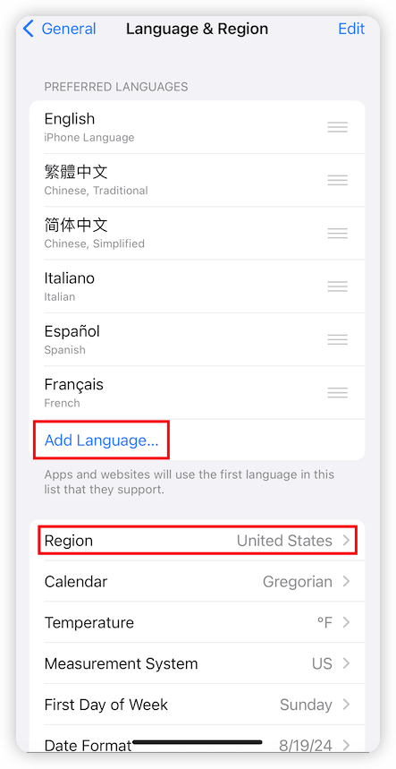 變更 iPhone 區域和語言