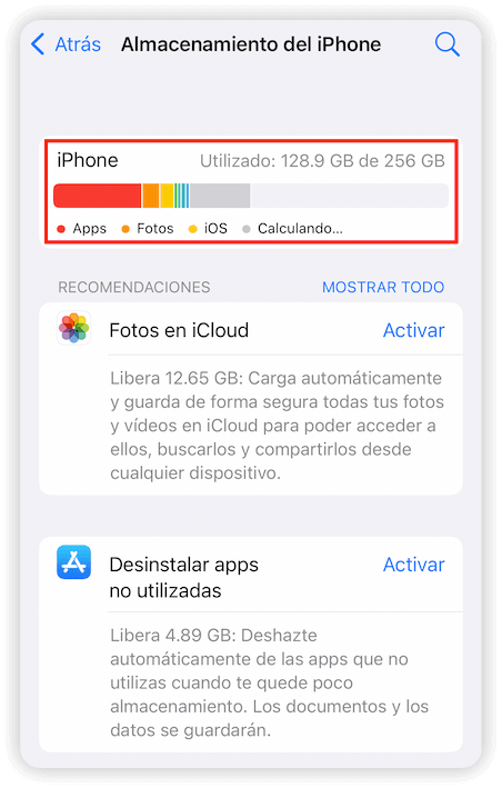 Comprobar el almacenamiento disponible en iPhone