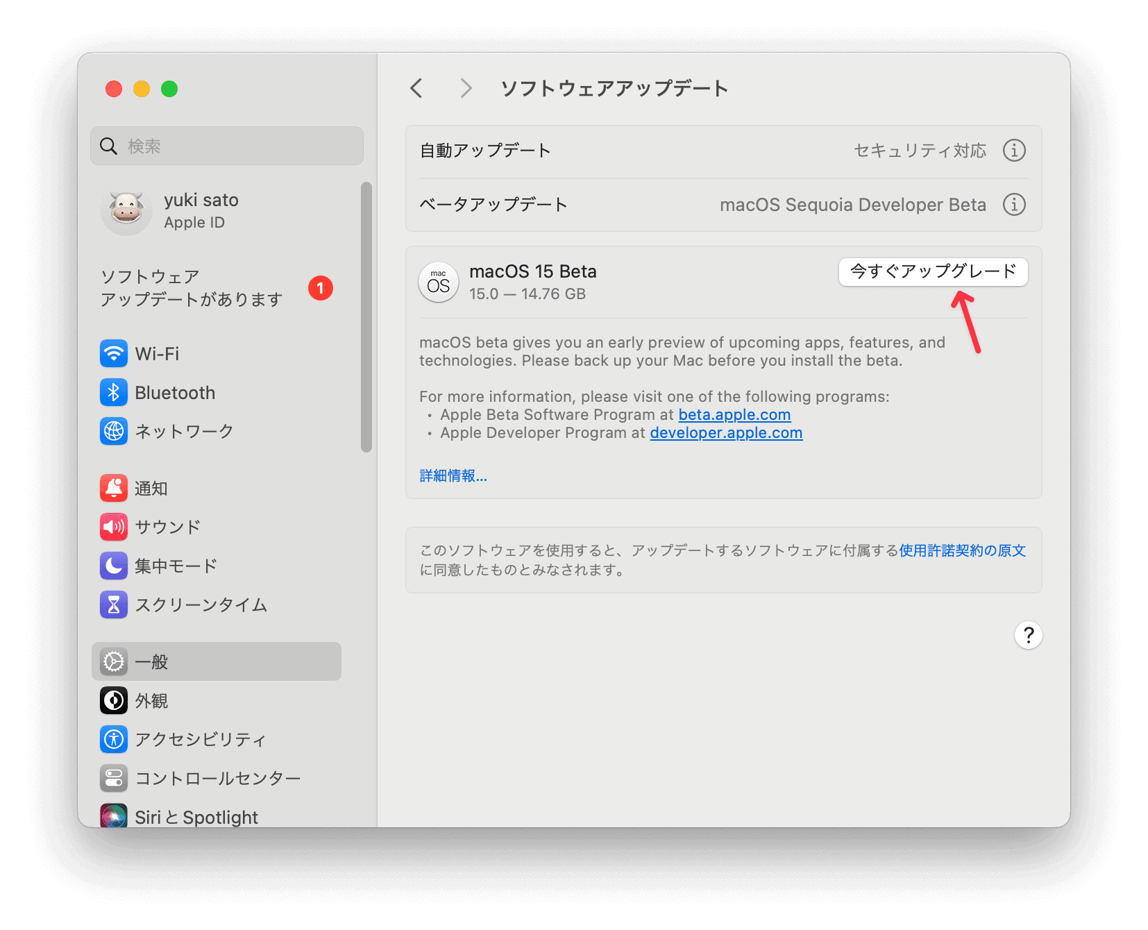 「今すぐアップグレード」をクリックし、macOS Sequoiaベータ版へのソフトウェアアップデートを始める
