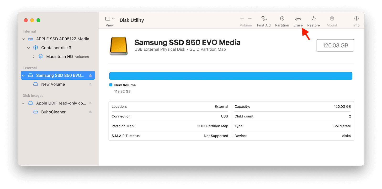 Click Erase to Format External Drive