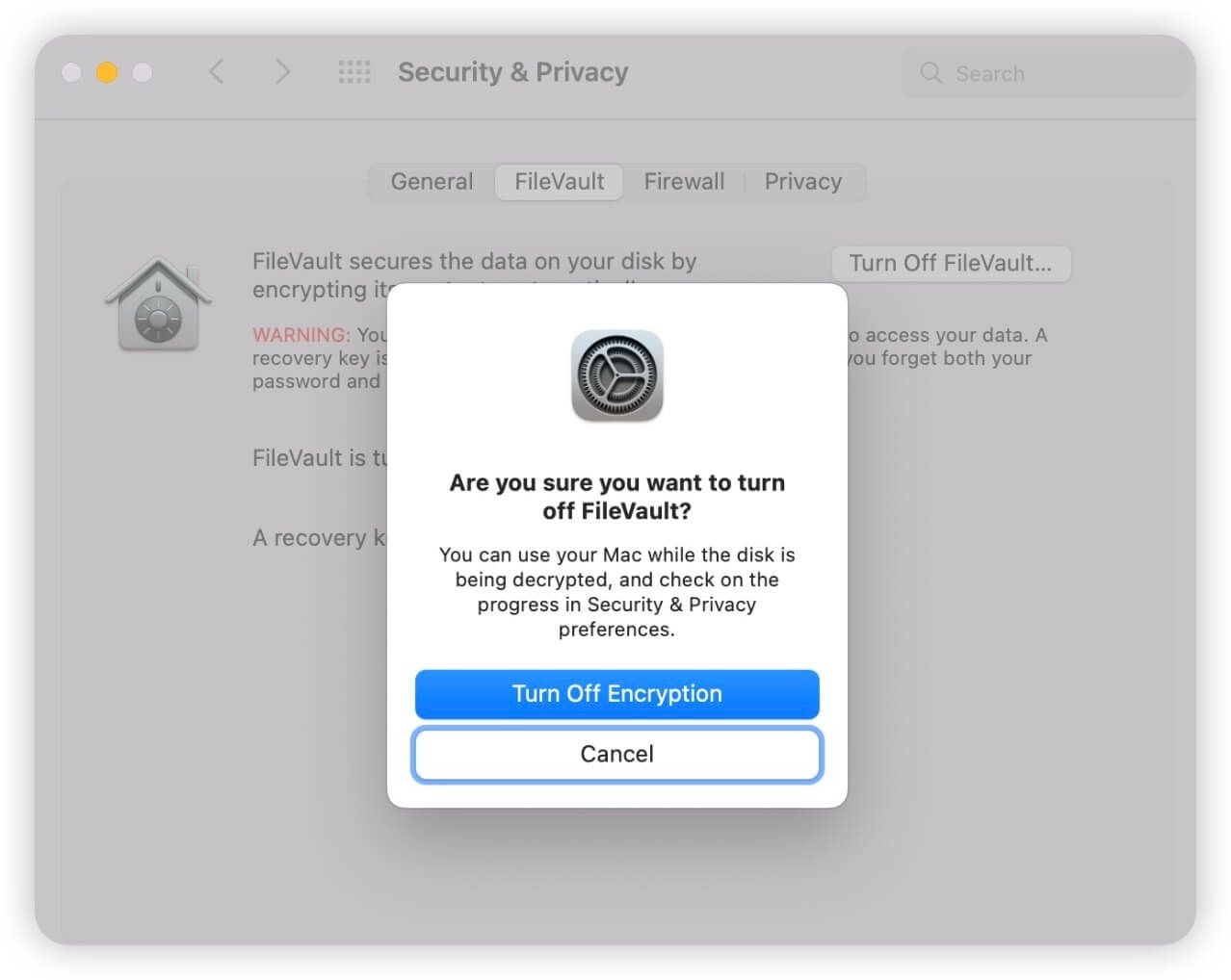 How to turn off FileVault in Mac System Preferences