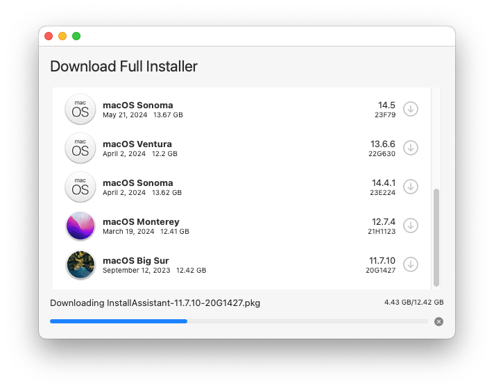 在 DownloadFullInstaller 中下載 macOS Big Sur 完整安裝程式