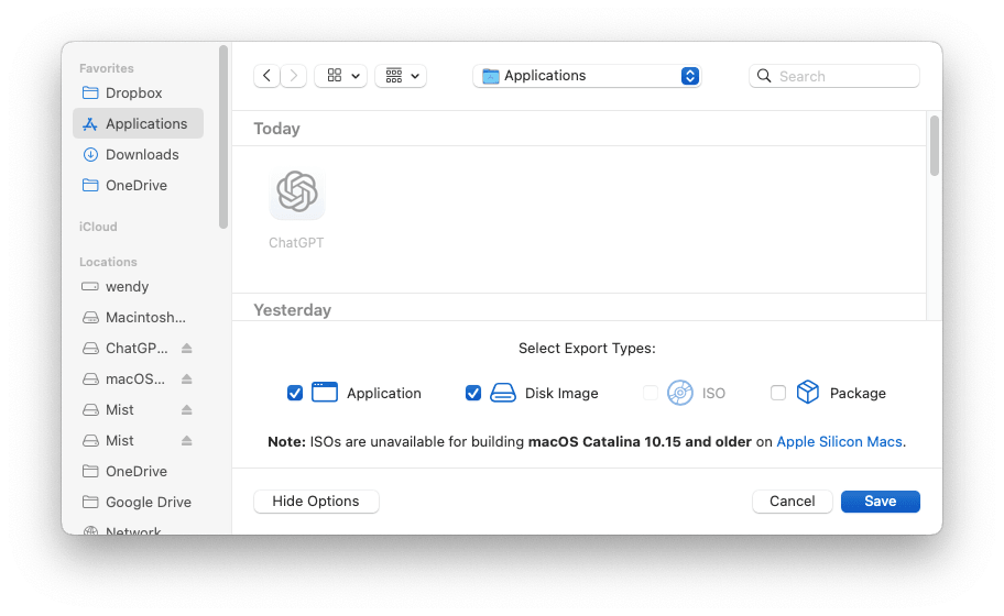 macOS Mojave file export format