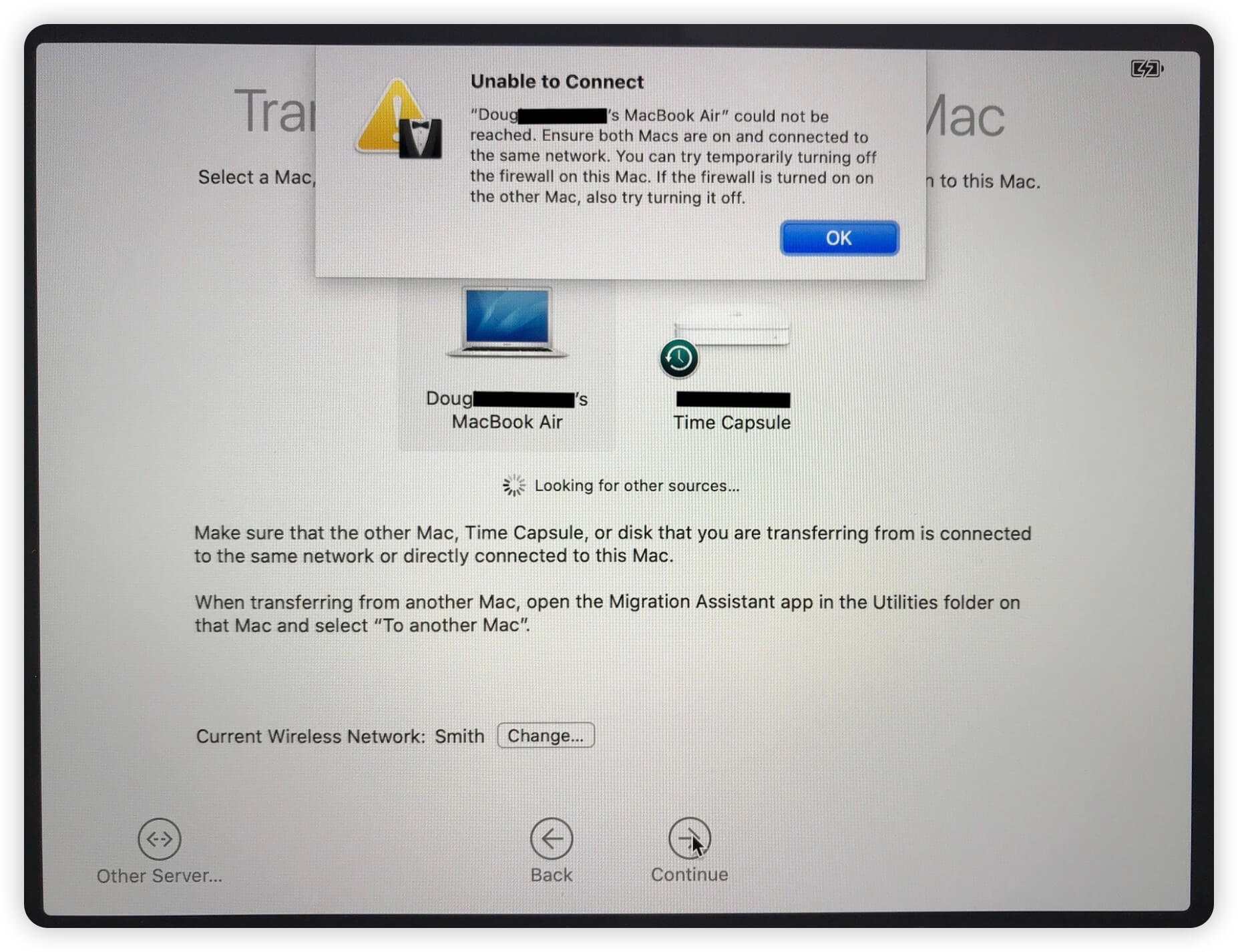 Migration Assistant unable to connect