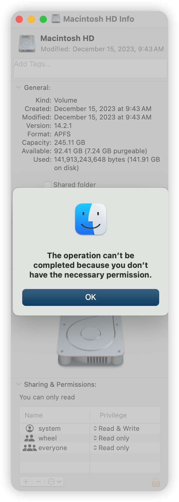 You don't have permission to modify access permission to Macintosh HD