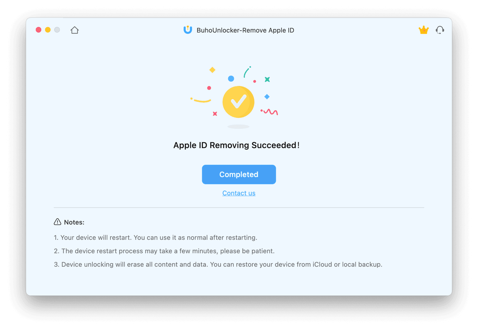 Remove Apple ID with BuhoUnlocker Succeeded