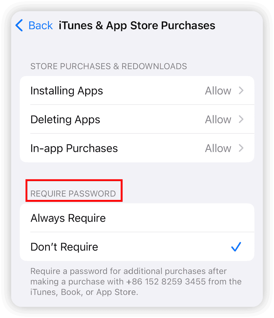 Einstellungen für Passwortanforderung bei App Store-Käufen 
