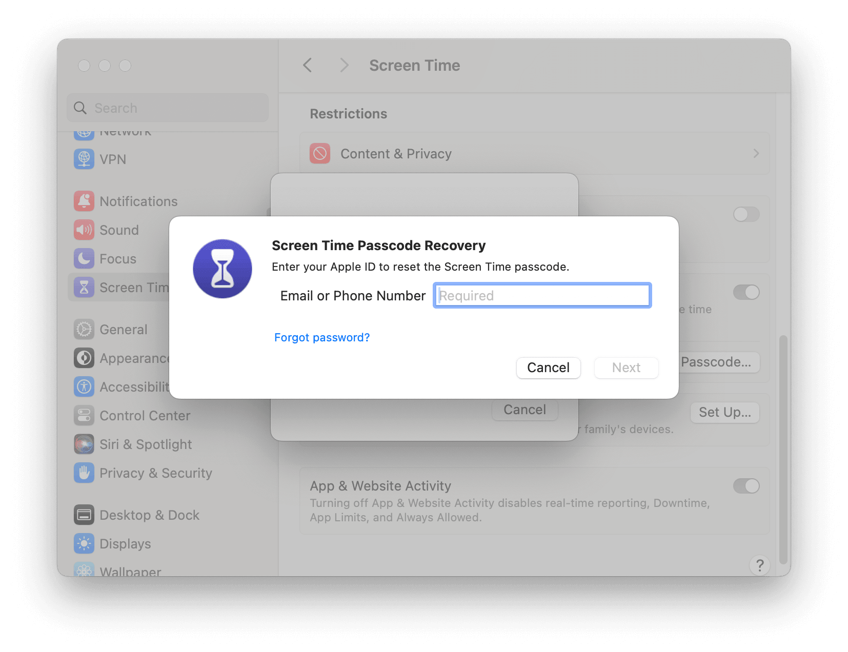 Reset Screen Time Passcode on Mac