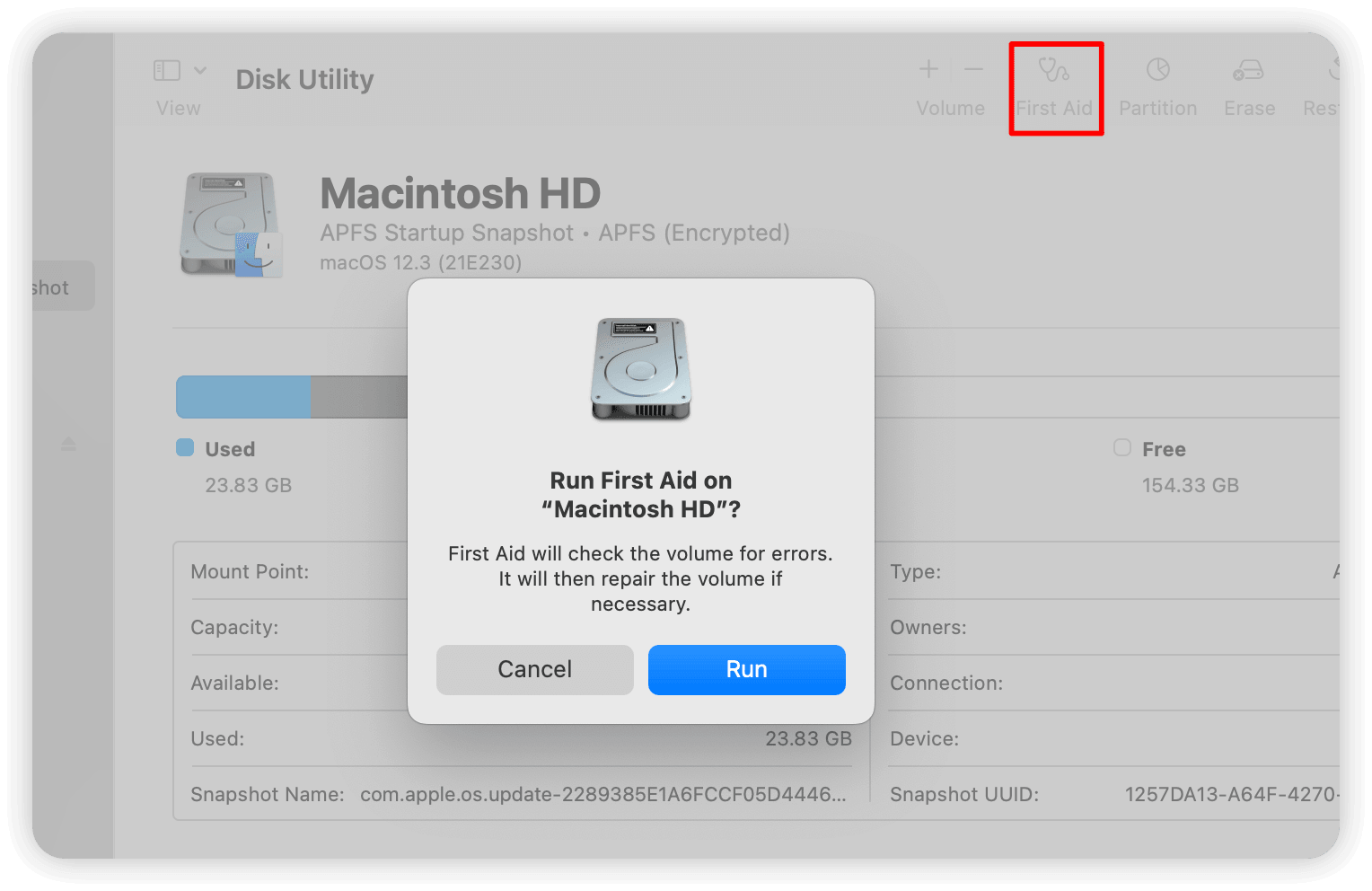 Run First Aid with Disk Utility