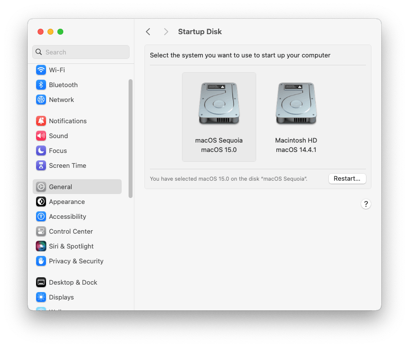 Select macOS Sequoia as startup disk