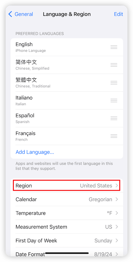 Set iPhone region US