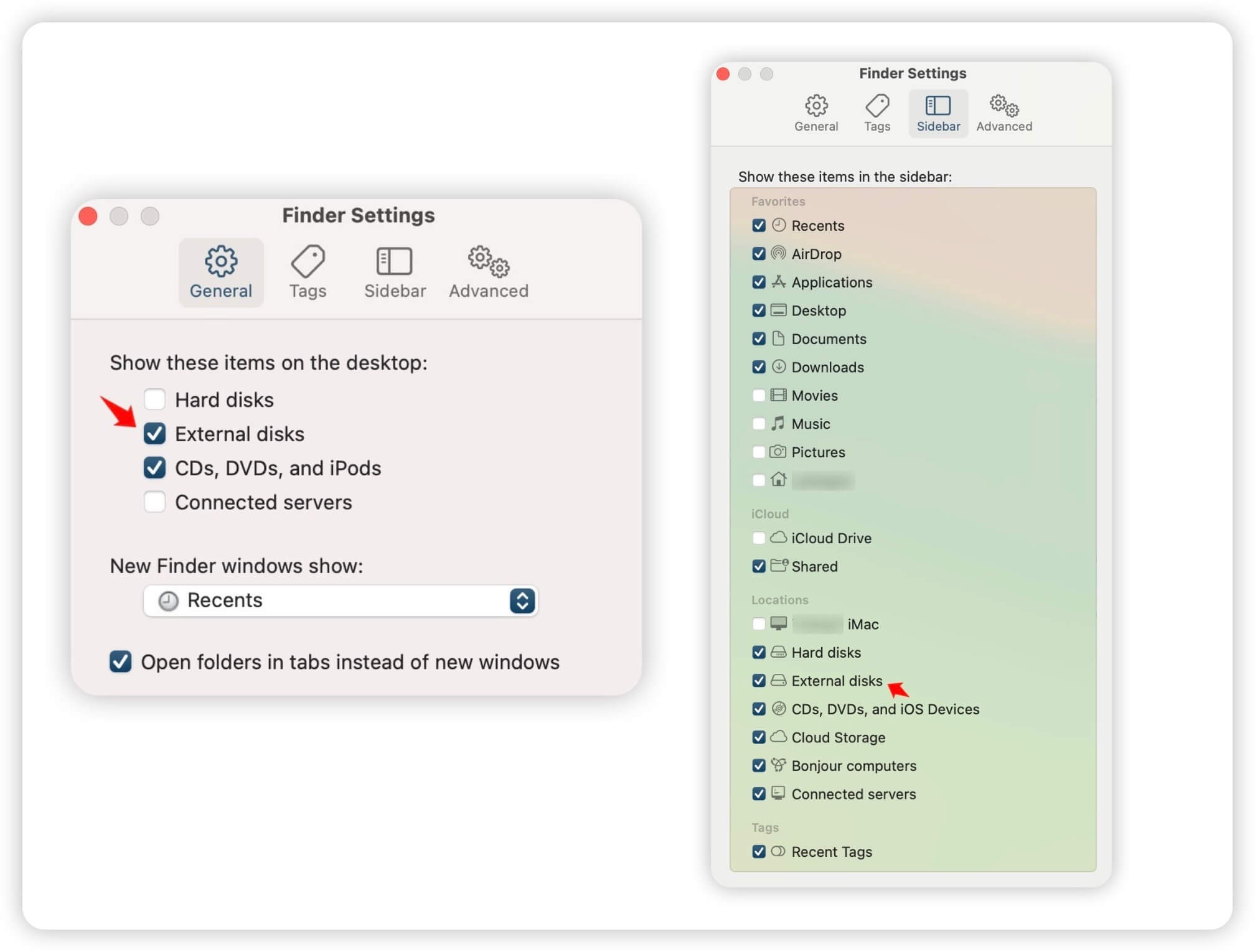 Show external disks on the desktop and in Finder