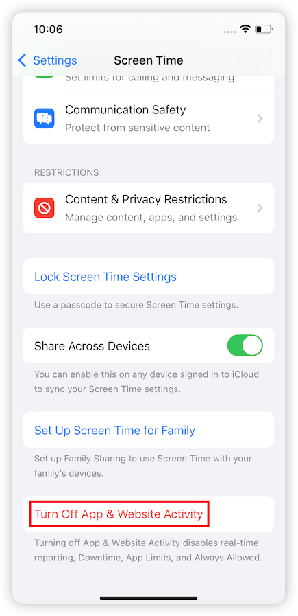 Turn off App & Website Acitivity