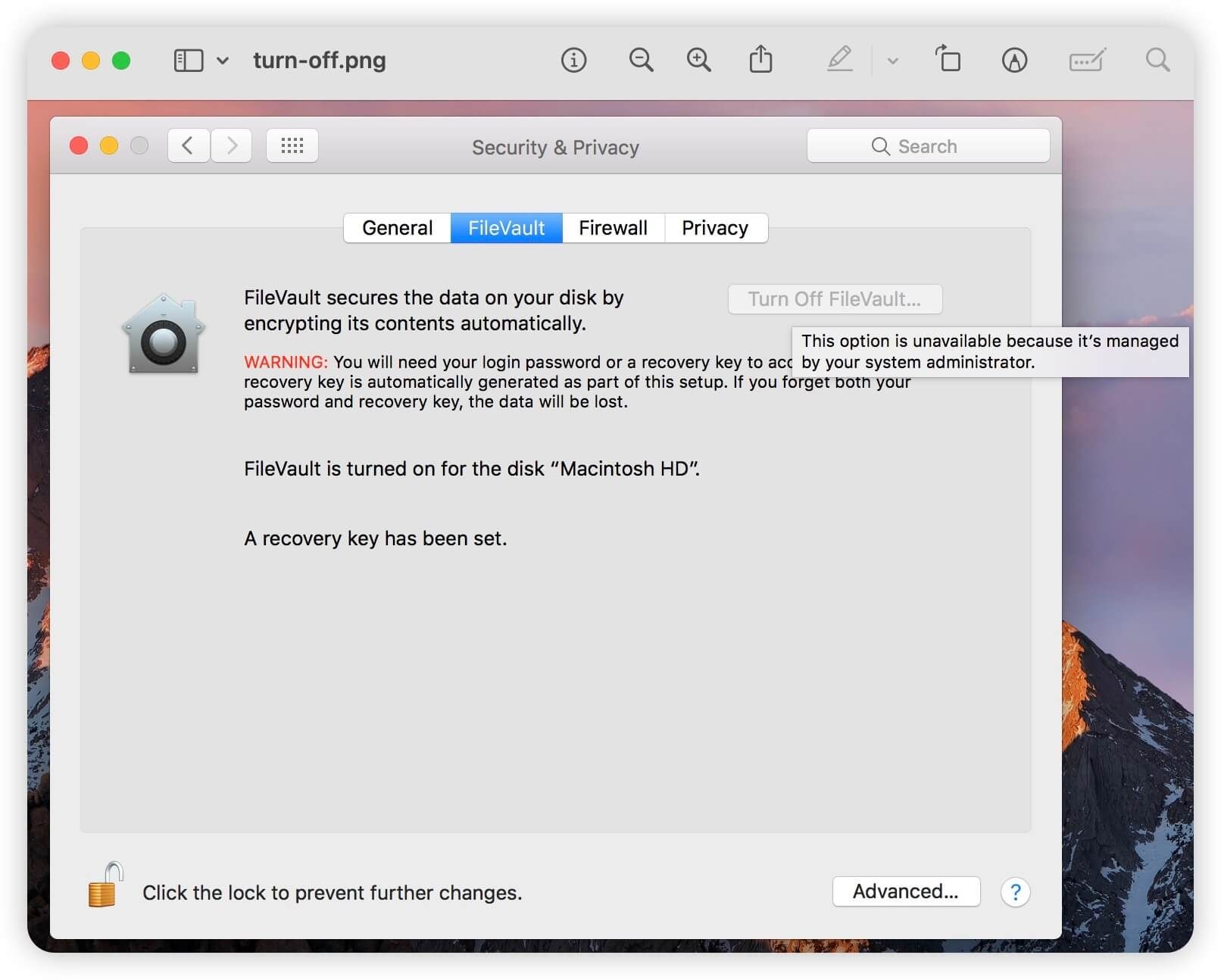 Turn off Filevault is Greyed out Mac