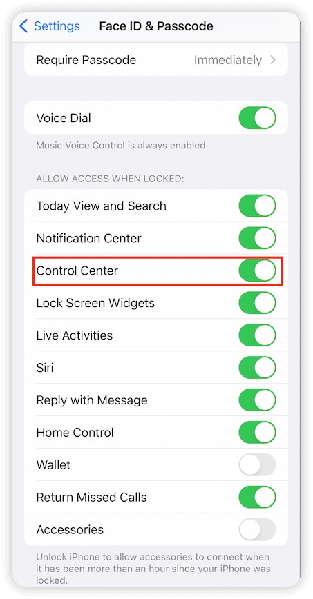 Enable Control Center Access on Lock Screen