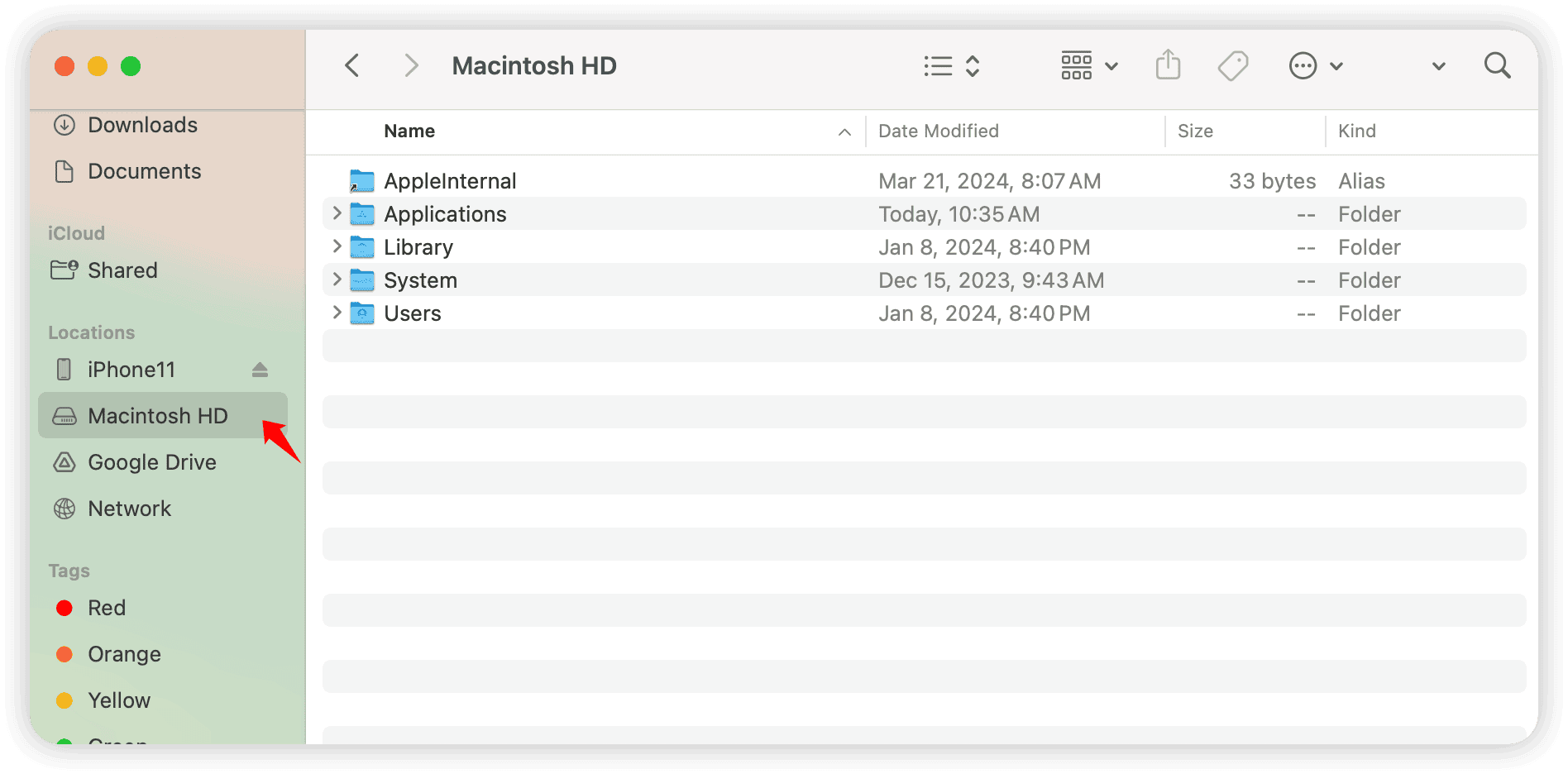 Macintosh HD location in Finder